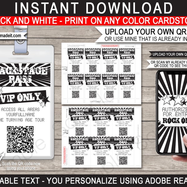 Backstage Pass Template - Printable Rock Star Theme Birthday Party Decorations - VIP Pass - QR Code - Instant DOWNLOAD Text Editable