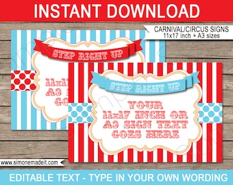 Circus Game Signs Template - Printable Carnival Circus Theme Birthday Party - INSTANT DOWNLOAD with EDITABLE text - 11x17 inches & A3 sizes