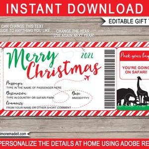 Bilhete para impressão de presente de Natal do Africa Boarding Pass - Viagem de safári surpresa - Voo de férias de fuga - DOWNLOAD INSTANTÂNEO - Texto EDITÁVEL