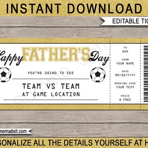 Fußballticket Vatertagsgutschein - Überraschungsgutschein für Fußballspiel-Eintrittskarte für Papa - EDITIERBARER TEXT-DOWNLOAD
