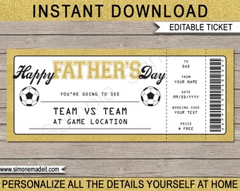 Soccer Ticket Father's Day Gift Voucher - Surprise Printable Football Game Ticket Card Coupon Certificate for Dad - EDITABLE TEXT DOWNLOAD
