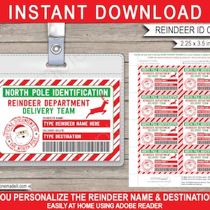Verloren Rendier ID-kaart afdrukbare sjabloon - Licentiebadge - Leveringsteam - Kerstman - Noordpool - Instant DOWNLOAD - BEWERKBARE namen