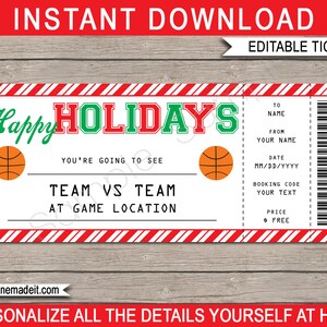 Basketball Ticket Gutschein Vorlage - Printable Surprise Game Ticket - Frohe Feiertage - INSTANT DOWNLOAD mit EDITIERBARE Text
