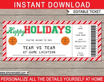 Basketball Ticket Gift Voucher Template - Printable Surprise Game Ticket - Happy Holidays - INSTANT DOWNLOAD with EDITABLE text