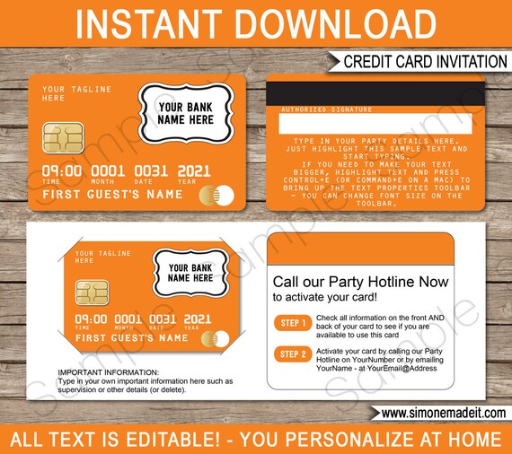 Credit Card Invitation Template - Printable Mall Scavenger Hunt Invite - Orange - INSTANT DOWNLOAD with EDITABLE text - you personalize Il_570xn