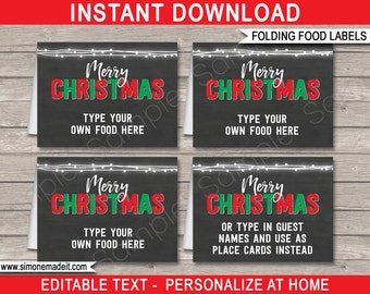 Christmas Food Labels Template - Printable Xmas Party Decorations - Folding Buffet Food Tents - INSTANT DOWNLOAD - EDITABLE text