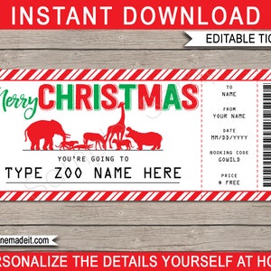 Zoo Ticket Vorlage - Druckbarer Weihnachtsgeschenkgutschein - Überraschungsreise - Tierpark - INSTANT DOWNLOAD - EDITIERBARER Text - Sie personalisieren