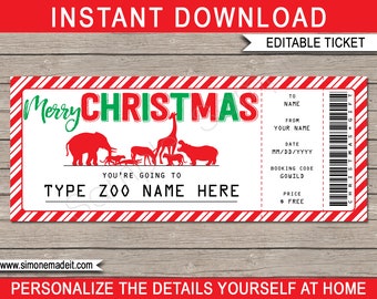 Zoo Ticket Template - Printable Christmas Gift Voucher - Surprise trip - Animal Park - INSTANT DOWNLOAD - EDITABLE text - you personalize
