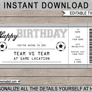 Soccer Ticket Birthday Gift - Surprise Ticket to a Soccer Game - Printable Template - Gift Voucher Card Coupon - EDITABLE TEXT DOWNLOAD