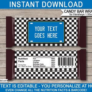Blue Race Car Party Candy Bar Wrappers - Race Car Favors - Chocolate Labels - INSTANT DOWNLOAD with EDITABLE text - you personalize at home