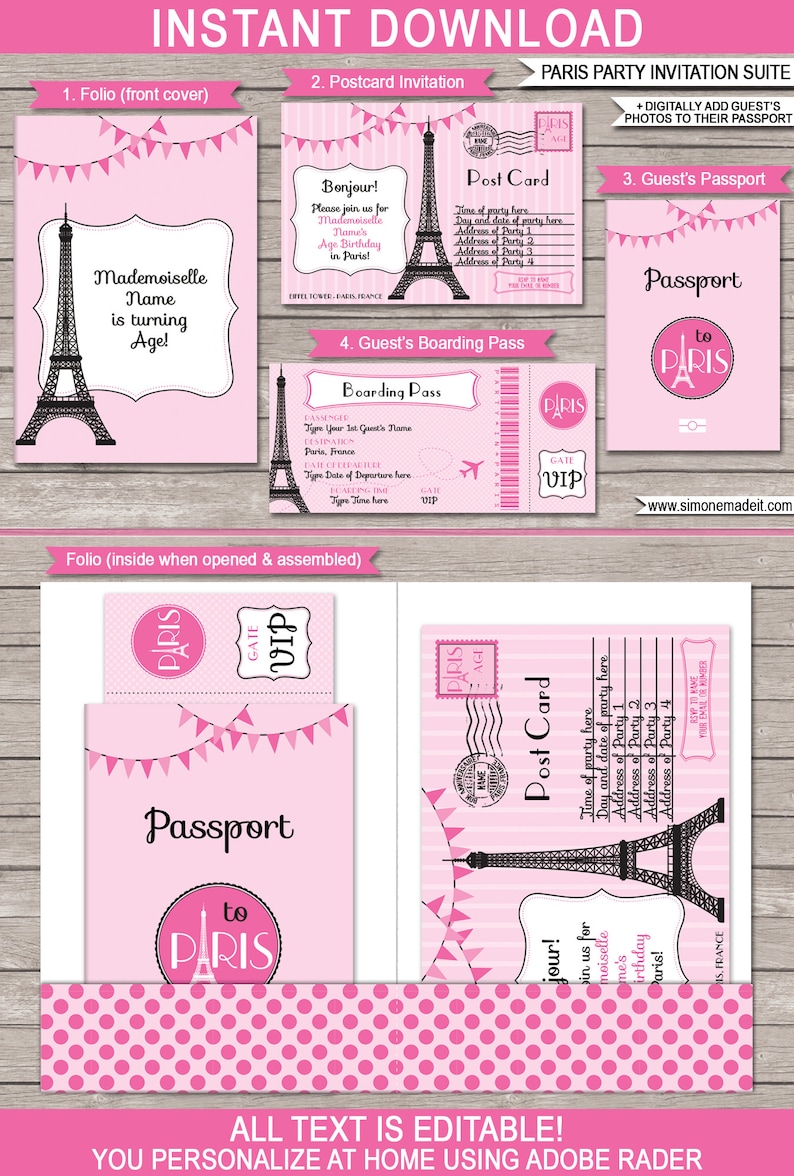 Paris Theme Party Templates with Invitation Printable Girls Birthday Decoration Bundle Pack Package Set Kit Collection DIY EDITABLE TEXT image 2