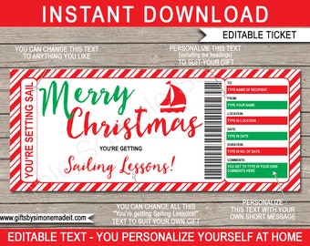 Sailing Lessons Christmas Gift Certificate Voucher Printable Template - Learn to Sail Course Yacht Charter - INSTANT DOWNLOAD text EDITABLE