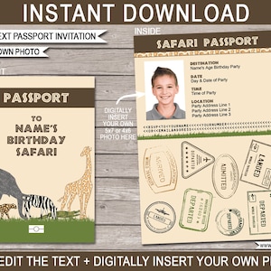 Safari paspoort uitnodigingen - afdrukbare foto uitnodigen - Jungle Zoo Safari thema verjaardagsfeestje - INSTANT DOWNLOAD - BEWERKBARE tekst - u bewerkt