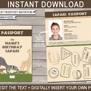 Safari Passport Invitations Printable Photo Invite Jungle Zoo Safari Theme Birthday Party INSTANT DOWNLOAD EDITABLE text you edit image 1