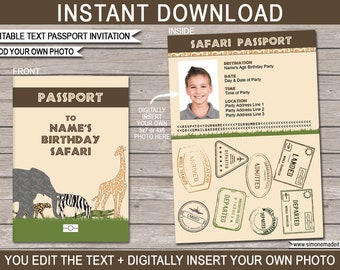 Safari Passport Invitations - Printable Photo Invite - Jungle Zoo Safari Theme Birthday Party - INSTANT DOWNLOAD - EDITABLE text - you edit