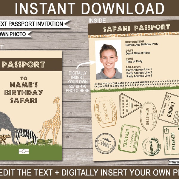 Safari Passport Einladungen - Druckbares Foto einladen - Dschungel Zoo Safari Thema Geburtstagsfeier - SOFORTIGER DOWNLOAD - EDITIERBARER Text - Sie bearbeiten