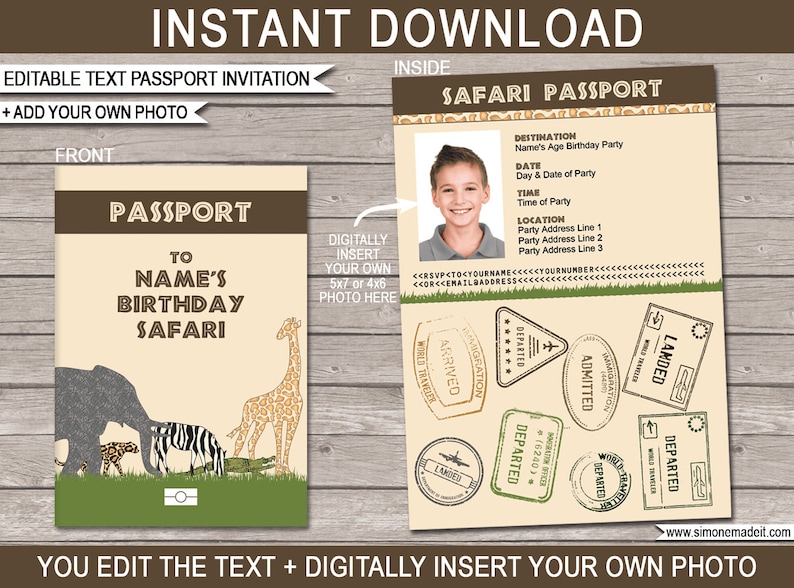 Safari Passport Invitations Printable Photo Invite Jungle Zoo Safari Theme Birthday Party INSTANT DOWNLOAD EDITABLE text you edit image 1