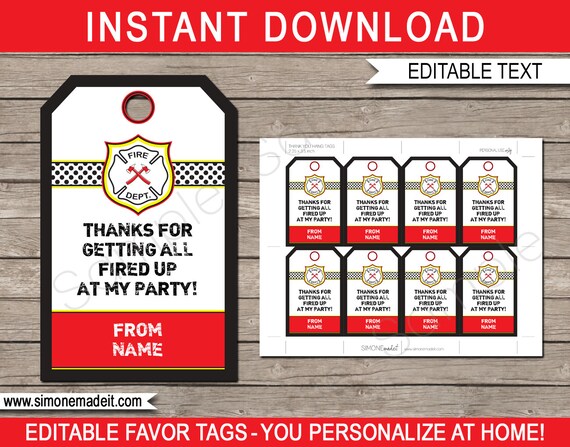 Fireman Favor Tags Template - Printable Birthday Party Thank You Tags ...