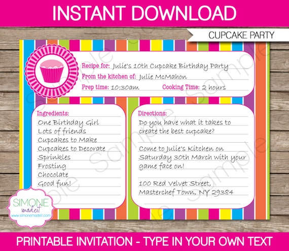 cupcake invitation template recipe card invitation etsy cupcake invitation template