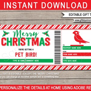 Haustier Vogel Geschenkgutschein Vorlage - Druckbare Weihnachtsgutschein Ticket Coupon für Kinder - INSTANT DOWNLOAD mit EDITIERBARE Text
