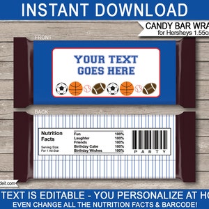 Sports Party Candy Bar Wrappers - Party Favors - Chocolate Labels - INSTANT DOWNLOAD with EDITABLE text - you personalize at home