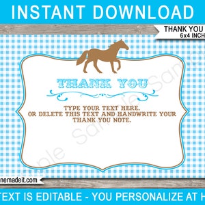 Modèle de cartes de remerciement poney - Notes de remerciement cheval imprimable - 4 x 6 pouces - TÉLÉCHARGEMENT IMMÉDIAT avec texte MODIFIABLE - à personnaliser
