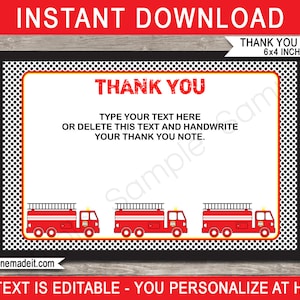 Modèle de cartes de remerciement camion de pompier - étiquettes de cadeau d'anniversaire à thème pompier imprimable - camion de pompier - TÉLÉCHARGEMENT IMMÉDIAT avec texte MODIFIABLE