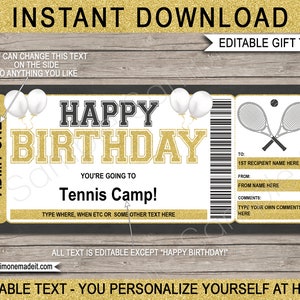 Verjaardag Tenniskamp Cadeaubon Ticket Sjabloon Afdrukbaar - Verrassingstrainingskamp, Vaardigheidskliniek Lessen Coupon - BEWERKBARE TEKST DOWNLOAD