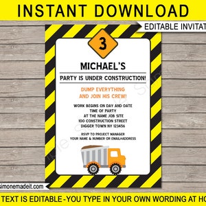 Construction Party Templates with Invitation Printable Dump Truck Theme Decoration Bundle Package Set Kit Pack Collection EDITABLE TEXT image 4