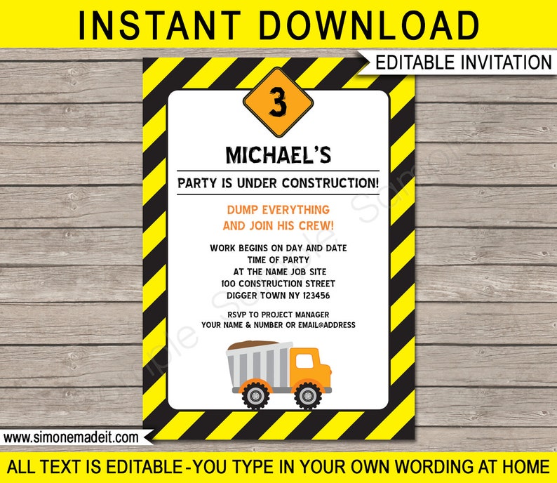 Construction Party Templates with Invitation Printable Dump Truck Theme Decoration Bundle Package Set Kit Pack Collection EDITABLE TEXT image 4