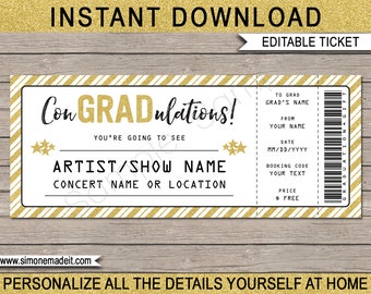 Graduation Gift - Printable Concert Ticket - Surprise Concert, Show, Music Festival, Band, Performance - INSTANT DOWNLOAD with EDITABLE text