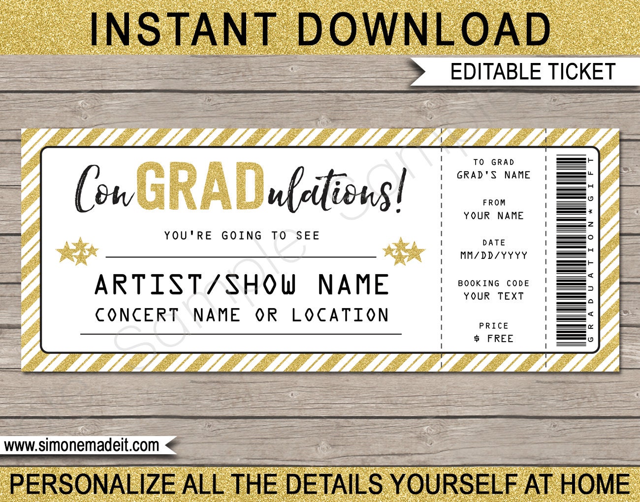 Graduation Gift - Printable Concert Ticket - Surprise Concert, Show, Music Festival, Band, Performance - INSTANT DOWNLOAD with EDITABLE text