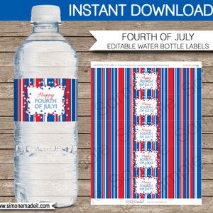 May include: Printable water bottle labels with a red, white, and blue striped background and stars. The labels feature the text "Happy Fourth of July!" in a white frame. The labels are 8 1/2 inches long and can be used as napkin wraps or treat wraps.