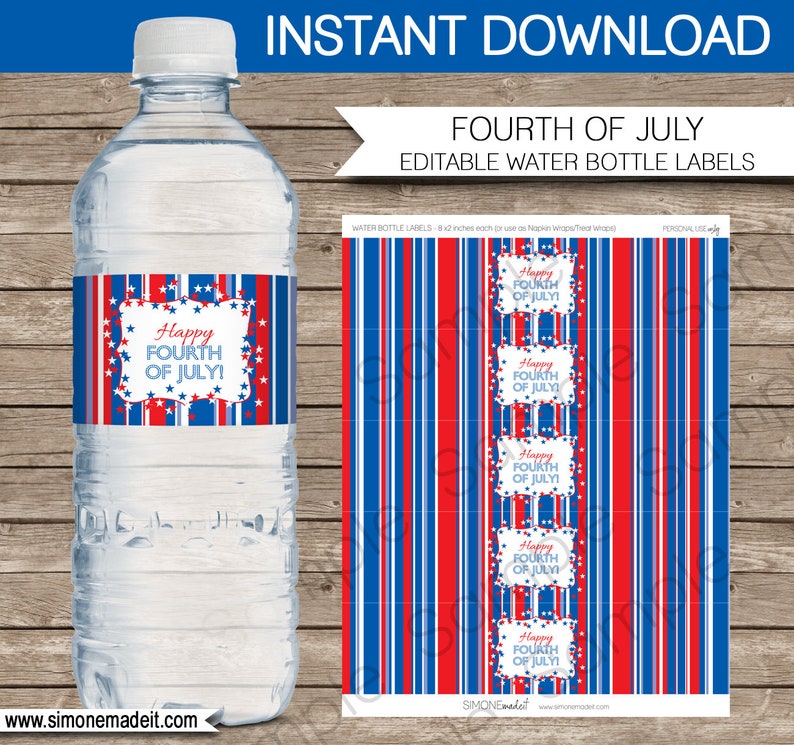 May include: Printable water bottle labels with a red, white, and blue striped background and stars. The labels feature the text "Happy Fourth of July!" in a white frame. The labels are 8 1/2 inches long and can be used as napkin wraps or treat wraps.