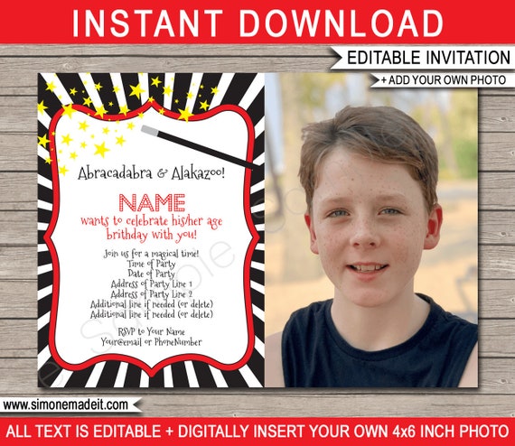 Magic Photo Invite Printable Birthday Party Invitation Template - Magic Theme - INSTANT DOWNLOAD - EDITABLE text you personalize at home Il_570xn