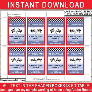 Pit Crew Pass Template - Printable Race Car Theme Birthday Party ...