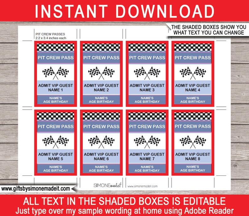 Pit Crew Pass Template - Printable Race Car Theme Birthday Party Decorations or Favors - INSTANT DOWNLOAD - EDITABLE text