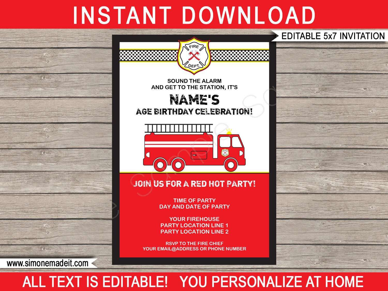 Firetruck Birthday Party Invitation Template (instant Download) - Etsy, image size:1500x1126