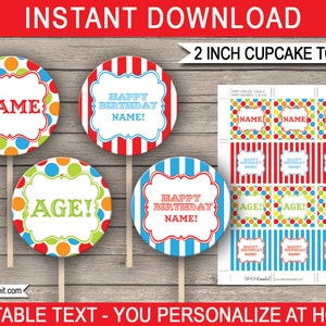 Printable Carnival Cupcake Toppers - Carnival Theme - 2 inch - Carnival Party Decorations - Circus - INSTANT DOWNLOAD with EDITABLE text