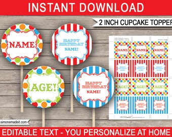 Printable Carnival Cupcake Toppers - Carnival Theme - 2 inch - Carnival Party Decorations - Circus - INSTANT DOWNLOAD with EDITABLE text