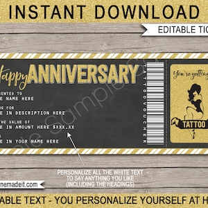 Boleto de vale de regalo de tatuaje - Cupón de certificado de regalo de aniversario imprimible en oro - DESCARGA INSTANTE con texto EDITABLE - usted personaliza