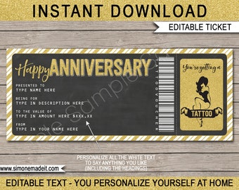 Tattoo Gift Voucher Ticket - Gold Printable Anniversary Gift Certificate Coupon - INSTANT DOWNLOAD with EDITABLE text - you personalize