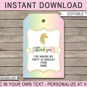 Editable Unicorn Favor Tags: Printable Birthday Thank You (Instant Download)
