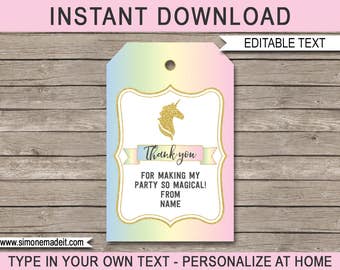 Unicorn Favor Tags - Unicorn Thank You Tags - Birthday Party Favors - Printable Unicorn Tags - INSTANT DOWNLOAD with EDITABLE text