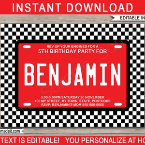 Race Car Party Invitation - Birthday Party Invite - Racing Car Theme Printable Template - INSTANT DOWNLOAD - EDITABLE Text