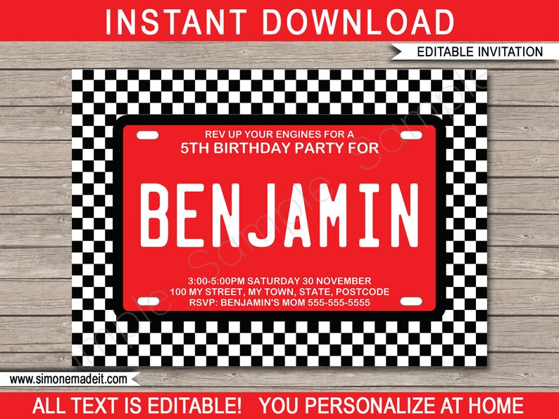 Race Car Party Invitation - Birthday Party Invite - Racing Car Theme Printable Template - INSTANT DOWNLOAD - EDITABLE Text