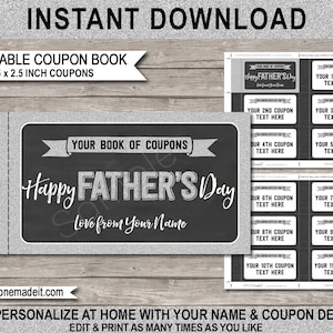 Afdrukbare Vaderdag Coupon Boek Sjabloon - Last Minute Gepersonaliseerde Cadeaubonnen, Kaarten voor Papa - BEWERKBARE TEKST DOWNLOAD