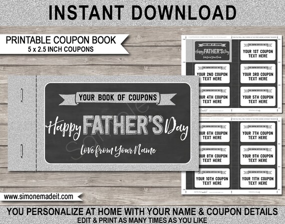 Printable Fathers Day Coupon Book Template - Last Minute Personalized Fathers Day Gift Vouchers - Silver - INSTANT DOWNLOAD - EDITABLE text Il_570xn