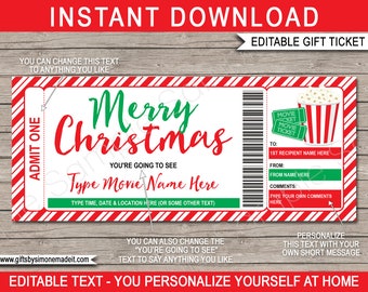 Könnte beinhalten: Ein druckbares Weihnachts-Kinoticket-Geschenkzertifikat mit roten und weißen Zuckerstangenstreifen, grünen und weißen Streifen und einem roten und weißen Popcorn-Eimer. Der Text lautet "Frohe Weihnachten" und "Du wirst sehen [Filmname eingeben]" mit Platz zum Hinzufügen des Filmnamens, Datums, Uhrzeit und Ortes. Der Text lautet auch "An: [Name des ersten Empfängers hier]" und "Von: [Name des Absenders hier]" mit Platz zum Hinzufügen des Namens des Empfängers und des Namens des Absenders. Der Text lautet auch "Kommentare: [Geben Sie Ihre eigenen Kommentare hier ein]" mit Platz zum Hinzufügen von Kommentaren. Der Text lautet auch "Personalisieren Sie diesen Text mit Ihrer eigenen kurzen Nachricht".