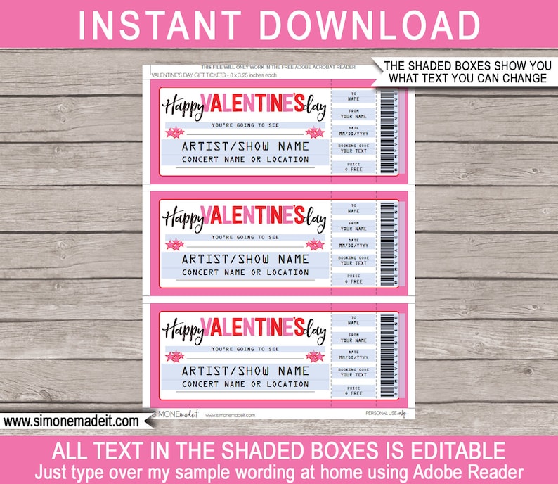 printable concert ticket gift for valentines day gift etsy